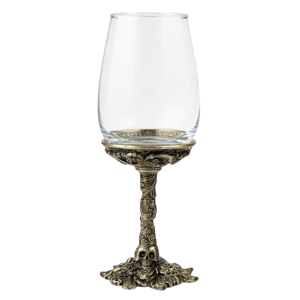 Gothic wine glass with clear bowl and ornate antique-brass stem and foot