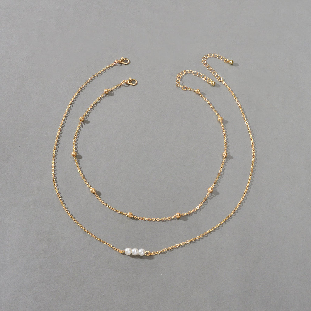 2pcs Female Jewellery Gold Silver Chain Beads Pearl Necklace Fashion Accessories