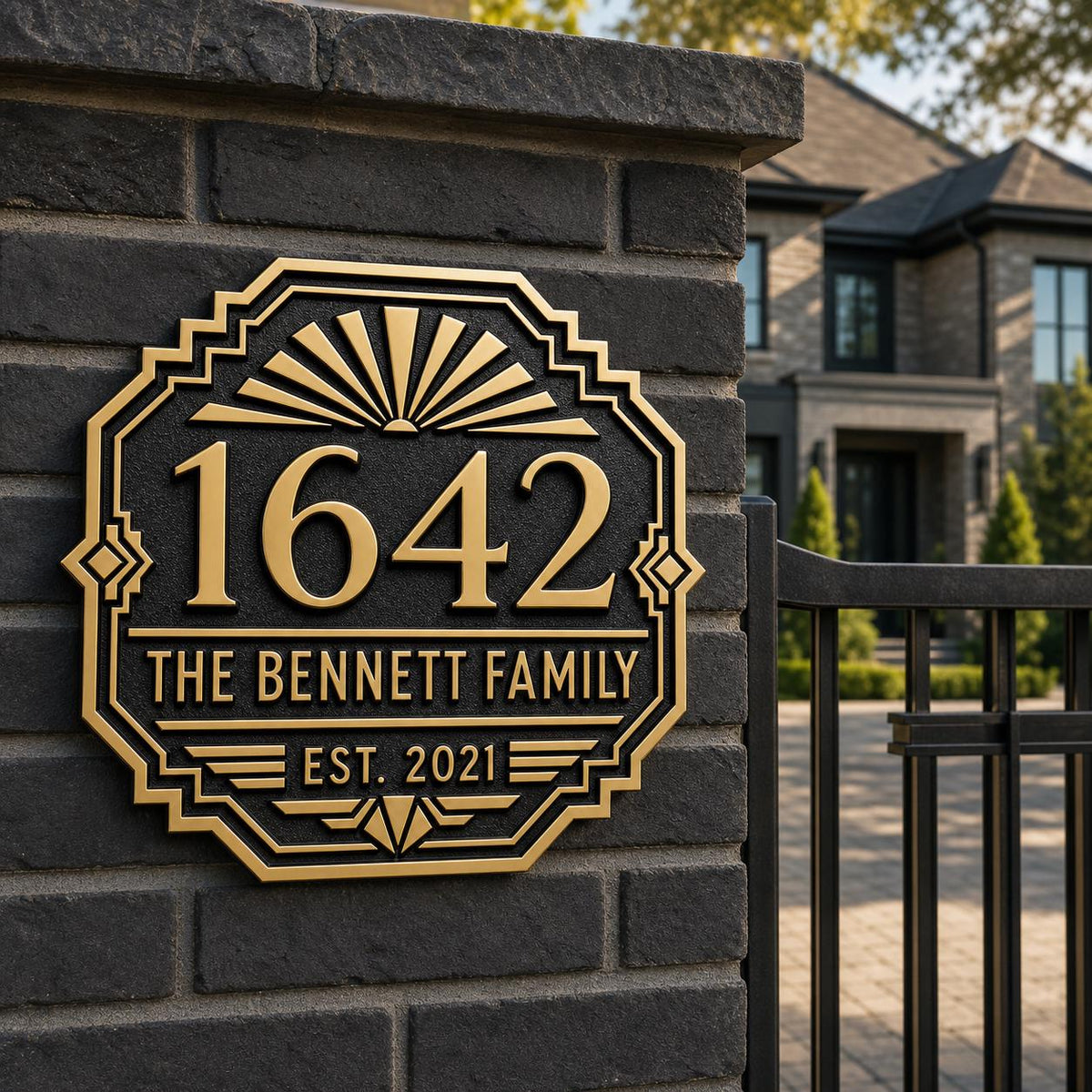 Personalized Address Plaque – Antique Brass Art Deco Sunburst
