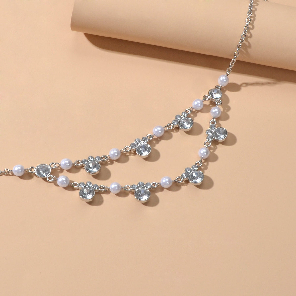 Luxurious Wedding Jewellery Pearl Rhinestone Decor Double layer Collar Necklace