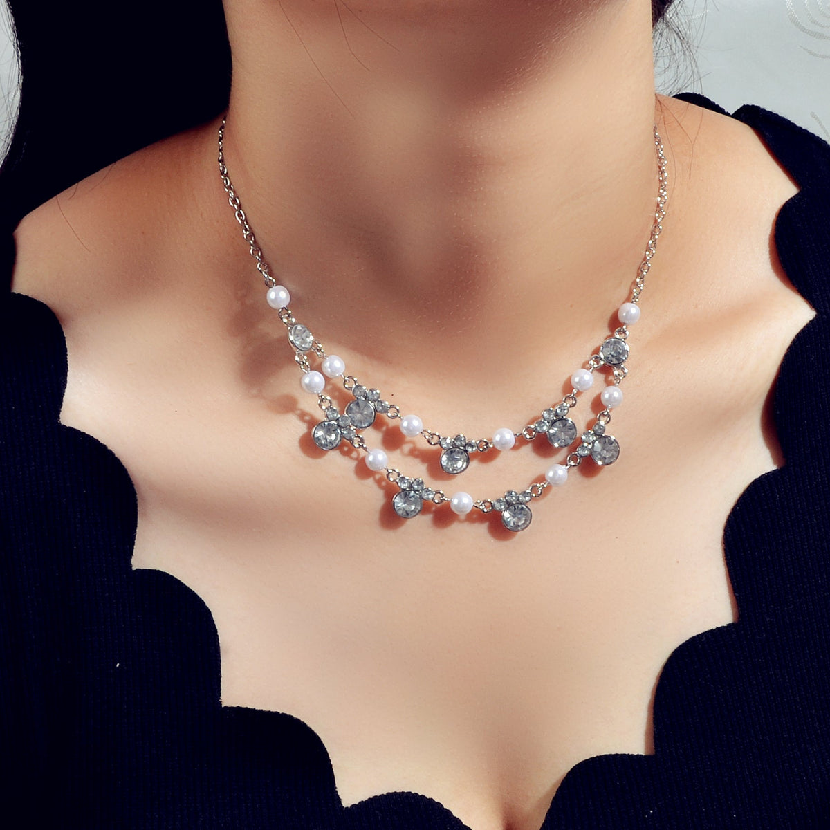 Luxurious Wedding Jewellery Pearl Rhinestone Decor Double layer Collar Necklace