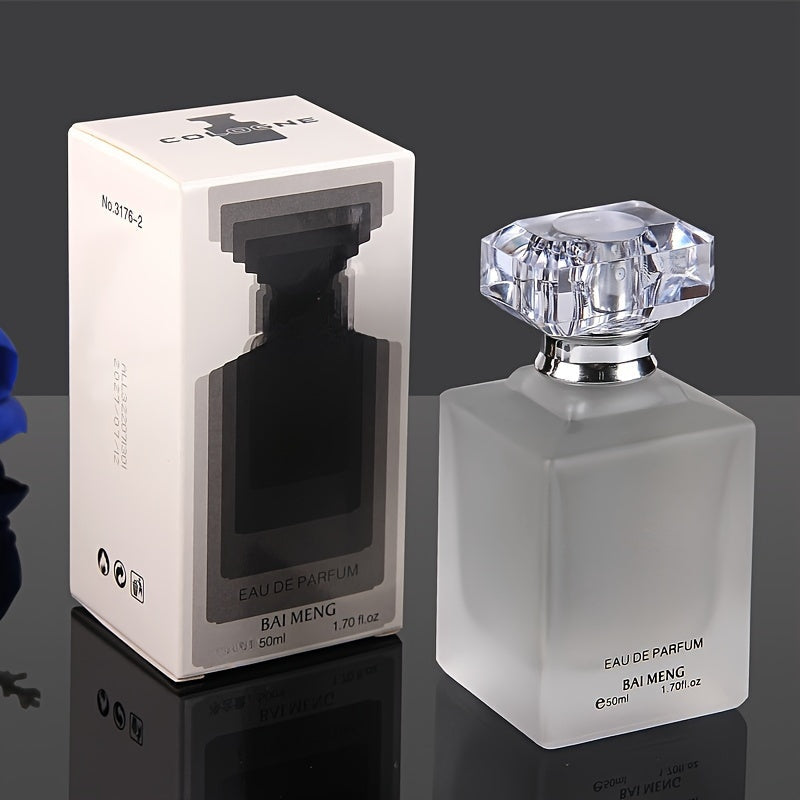 Men's eau de parfum bottle with faceted clear cap, shown with product box