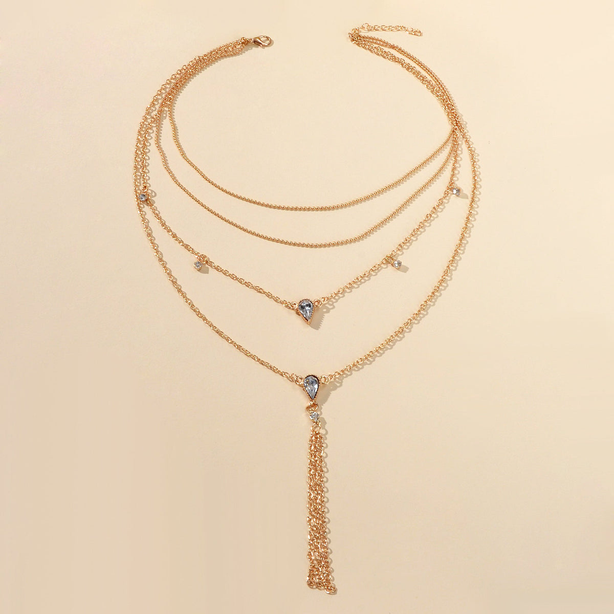 Statement Jewellery Rhinestone Multi-layer Gold Chain Tassel Pendant Necklace