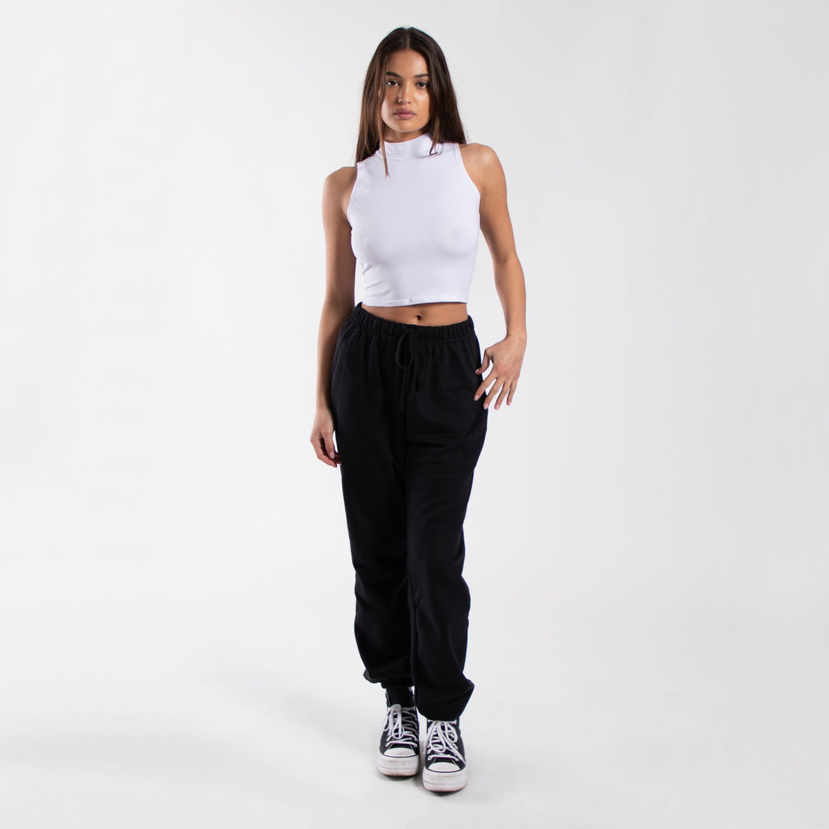White women's mock-neck cropped muscle tank, sleeveless fitted top