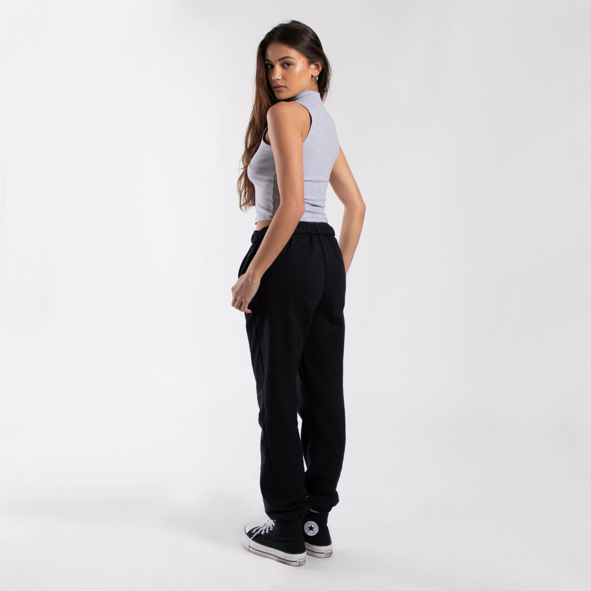 White mock-neck cropped muscle tank, sleeveless fitted top with high collar