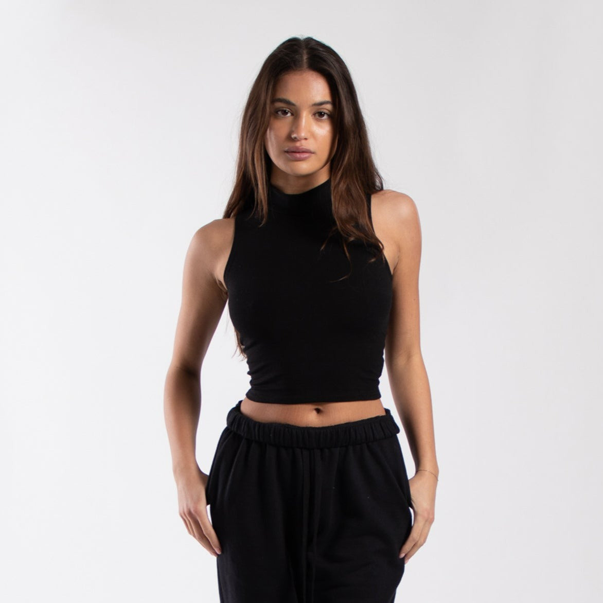 Black women's mock-neck cropped muscle tank, sleeveless fitted top