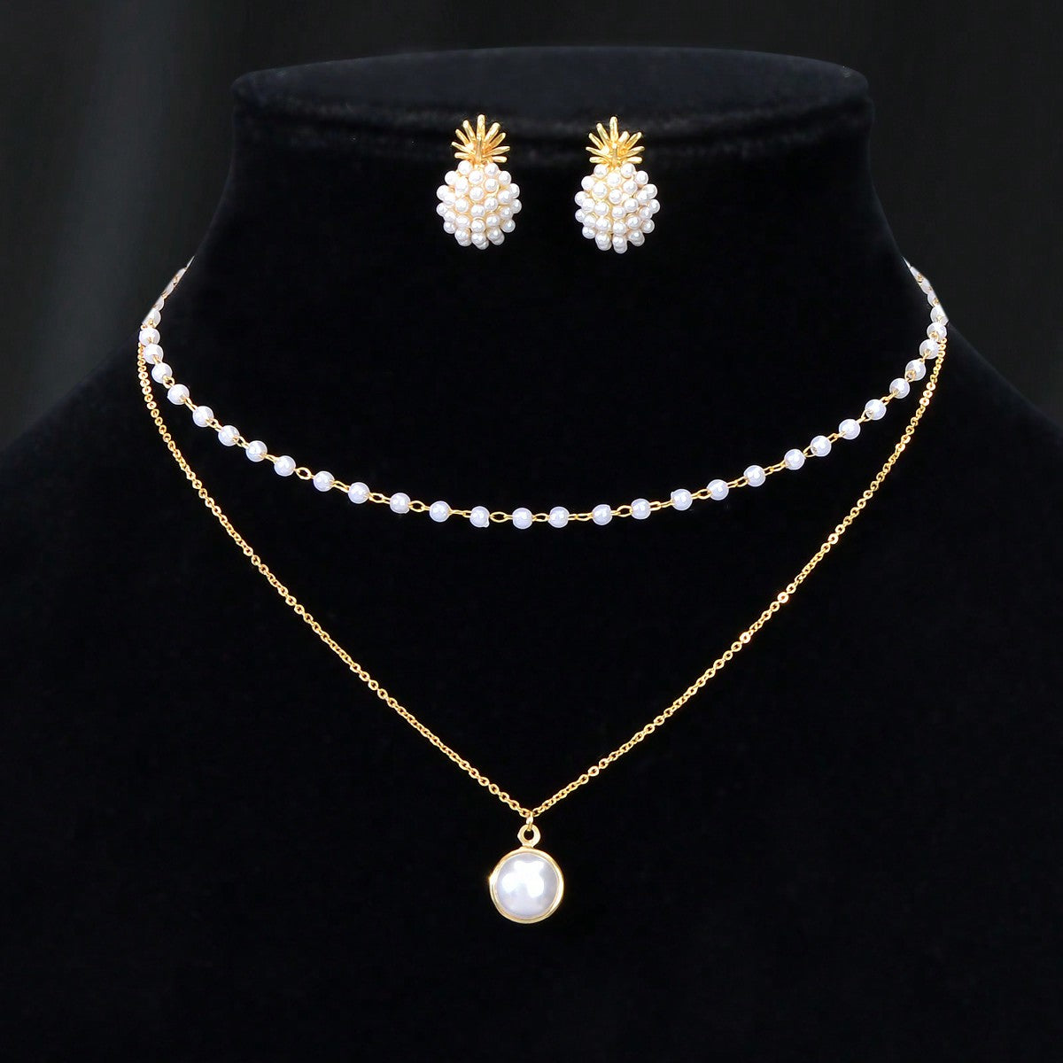 Pearl Pendant Double Layer Necklace & Pineapple Pearl Earrings Jewellery Set