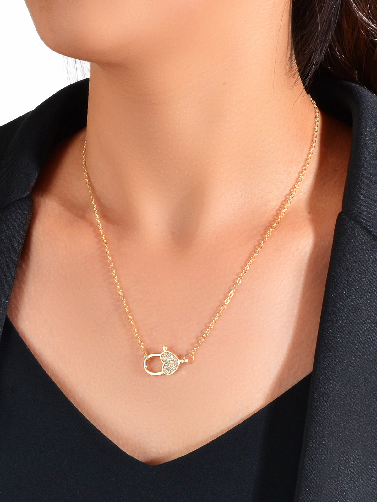 Engagement Jewellery Gift Gold Chain Rhinestone Decor Heart Lock Charm Necklace