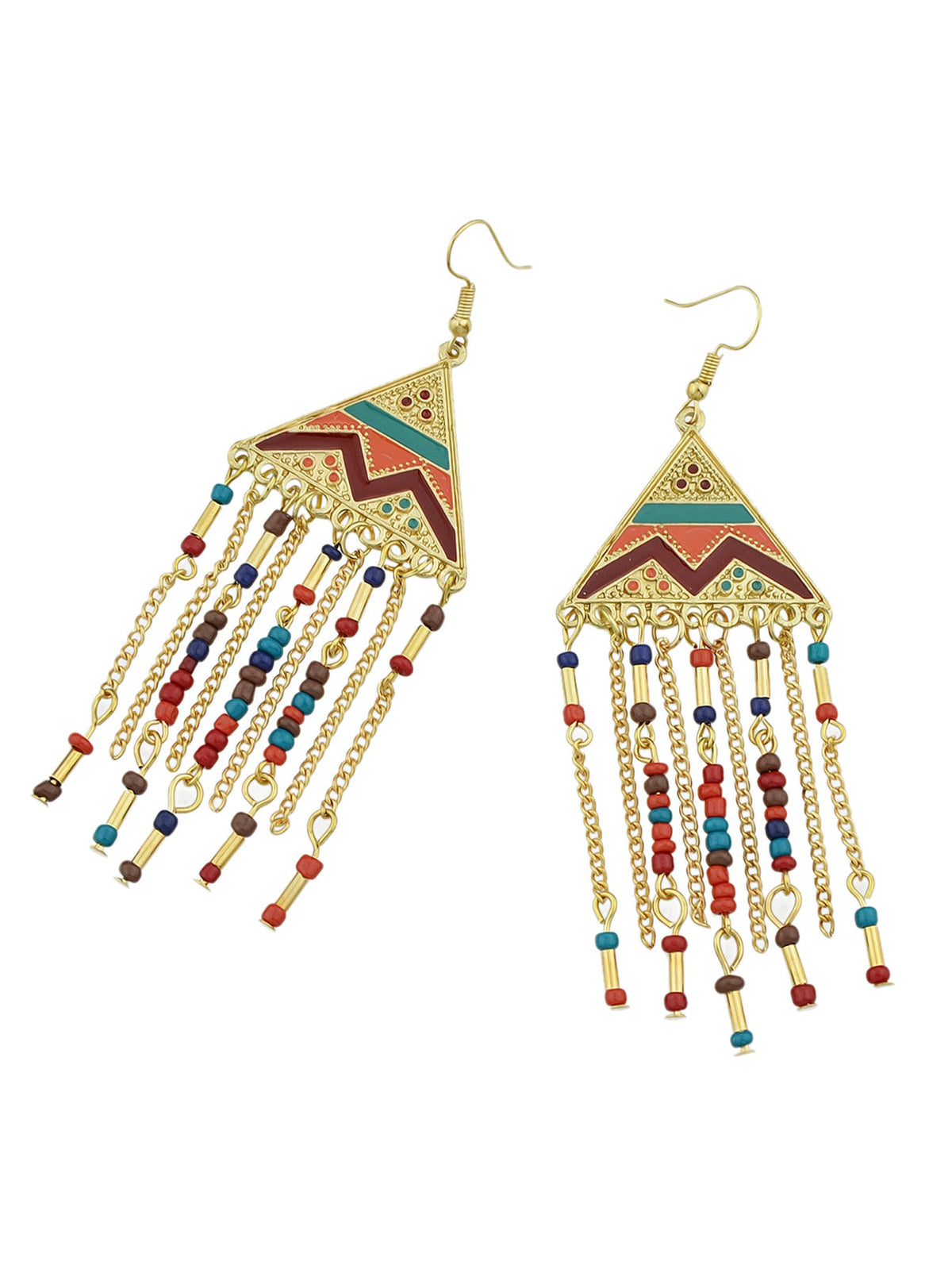 Triangle Colourful Enamel Beads Long Chain Tassel Ethnic Jewellery Boho Earrings