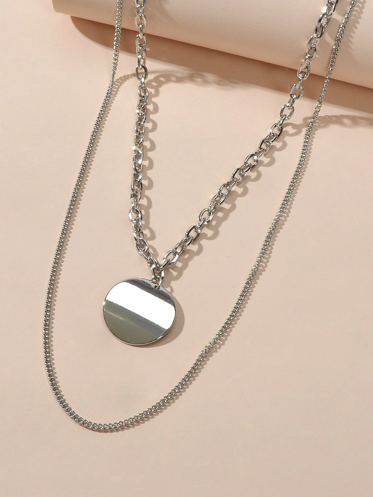 Statement Jewelry Double layer Silver Long Chain Geometric Round Charm Necklace