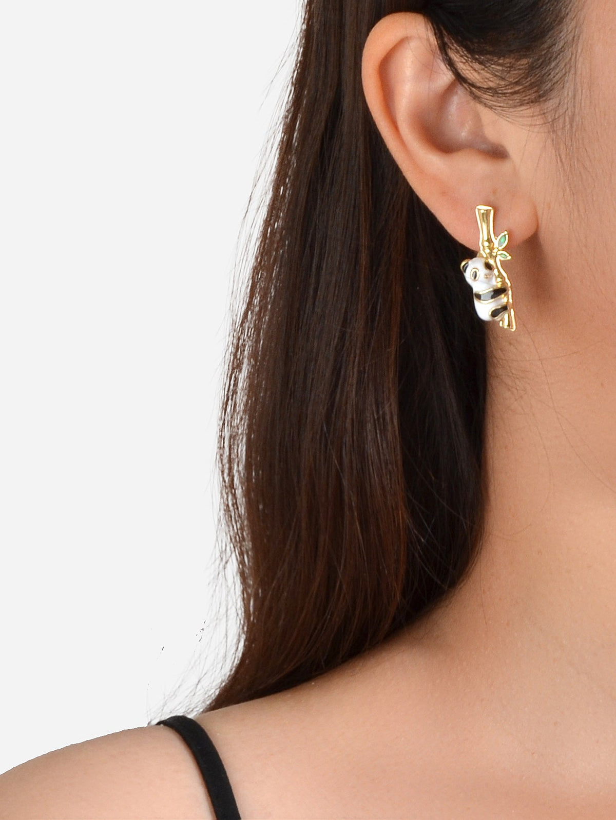Lovely Gold Bamboo White Black Enamel Panda Stud Earrings Dainty Women Girl Gift