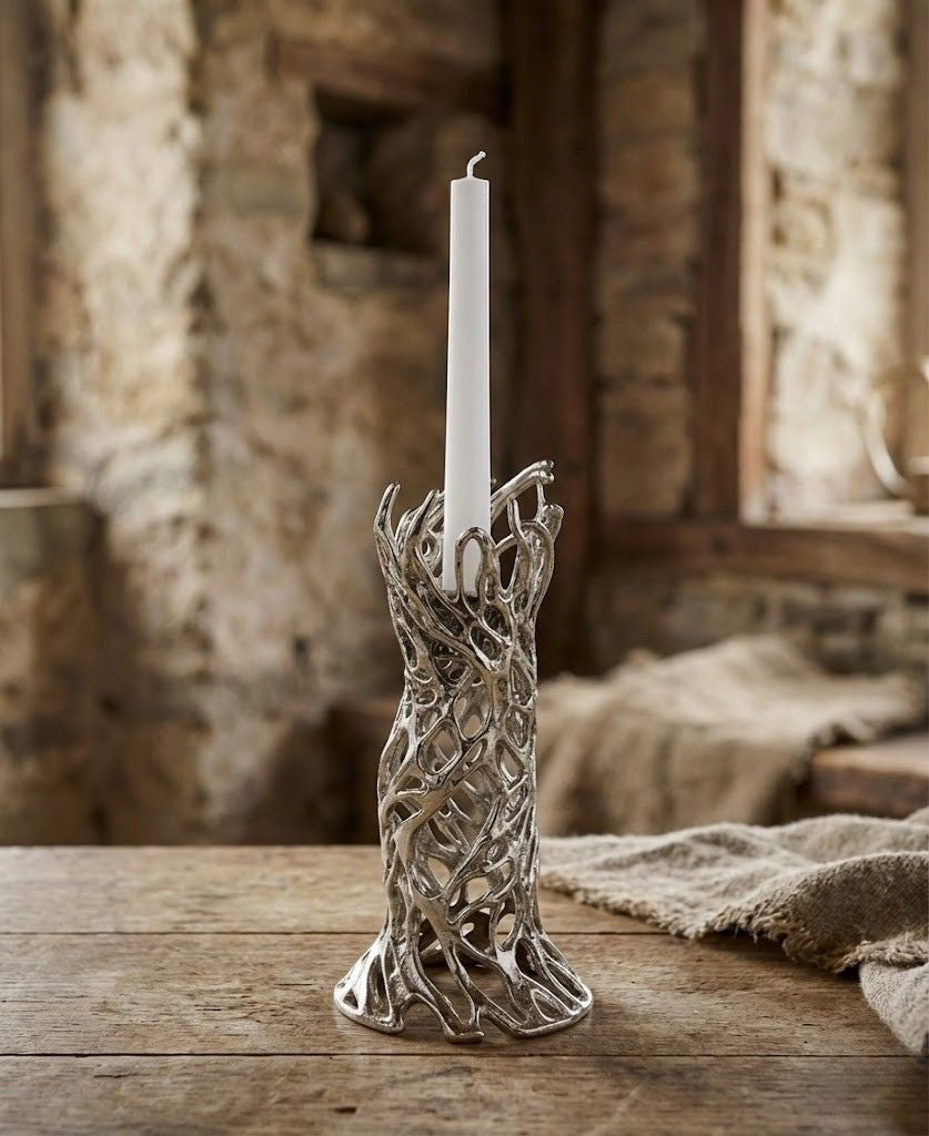 Roots - Electro-formed Sculptural Taper Candleholder | Organic Spiral Coral-Inspired Home Accent in Gold, Silver or Antique Finish