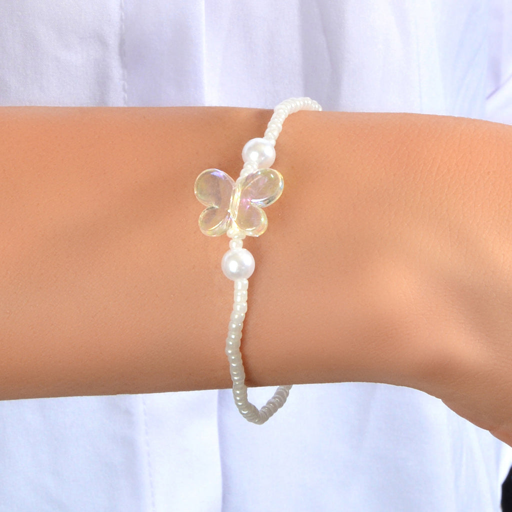 Ladies Jewellery Butterfly Decor Pearl Beads Retro Style Elastic Bracelet Bangle
