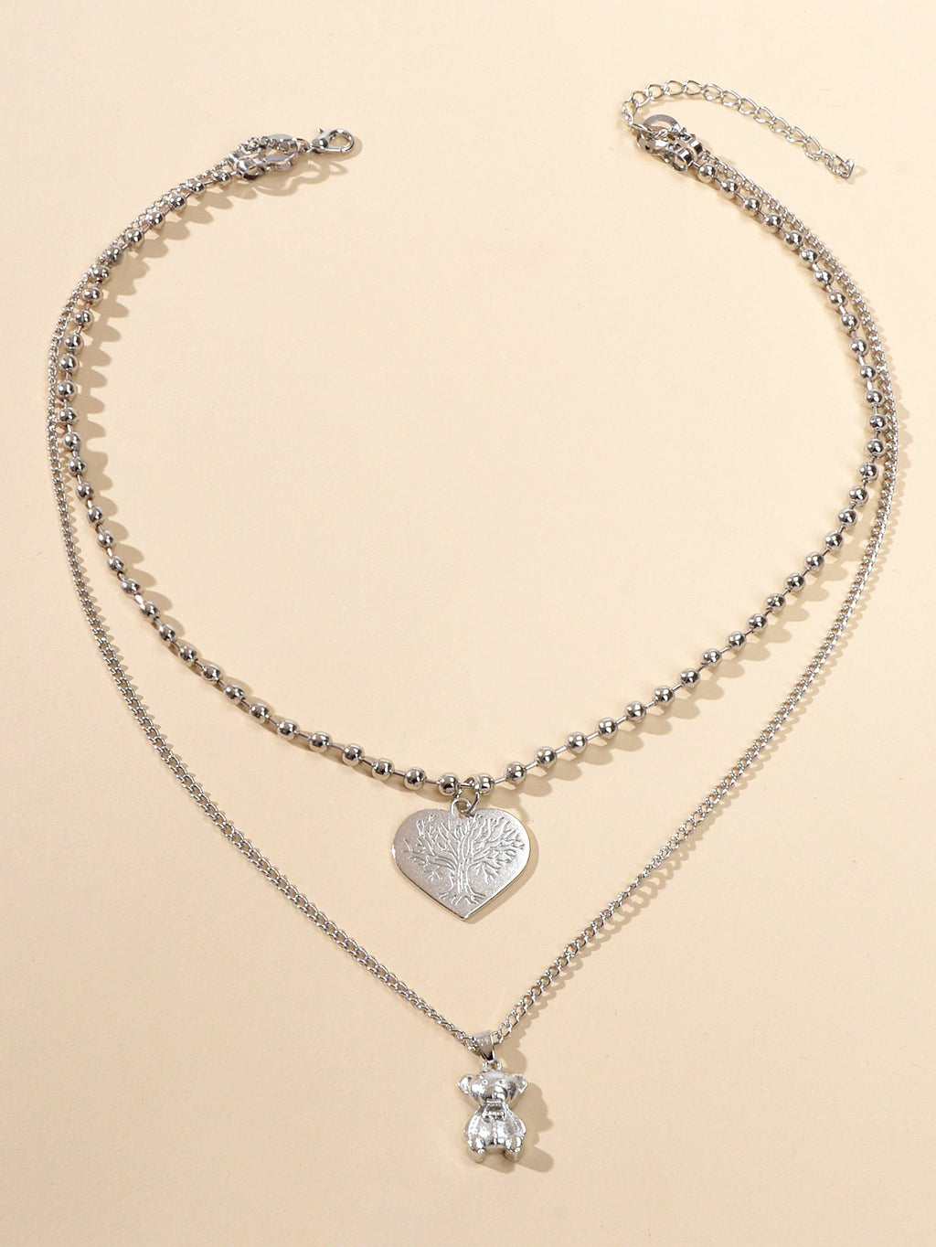 Statement Jewellery Popcorn Double layer Silver Chain Heart Bear Charm Necklace