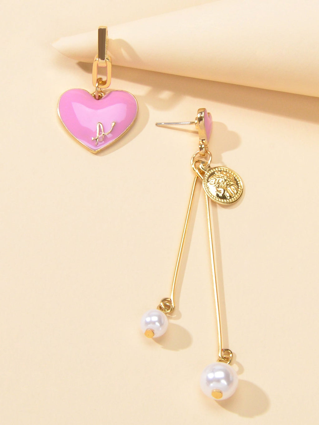Valentine's Day Jewellery Pearl Cion Charm Pink Enamel Heart Asymmetric Earrings