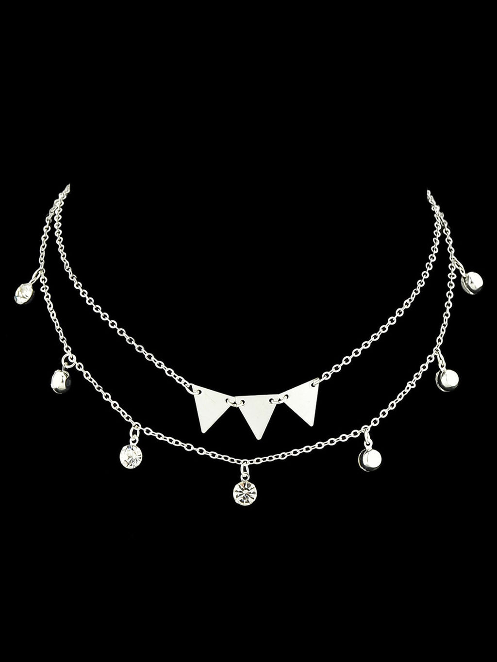 Trendy Jewellery Double layer Silver Chain Rhinestone Triangle Pendant Necklace