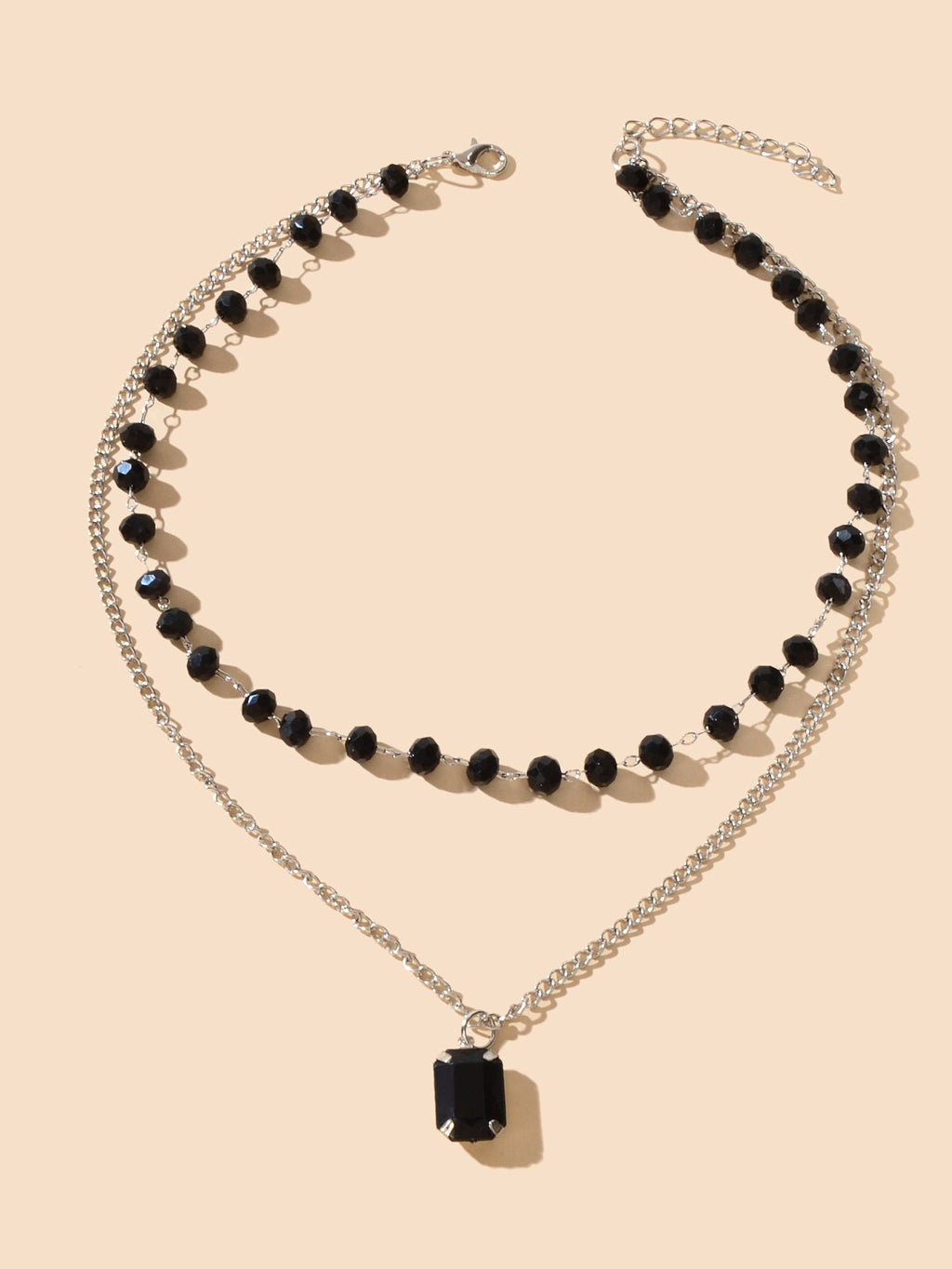 Silver Link Chain Black Beads Layering Personalized Square Charm Necklace Gift