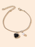 Girlfriend Gift Jewellery Silver Popcorn Chain Pearl Black Heart Charm Bracelets