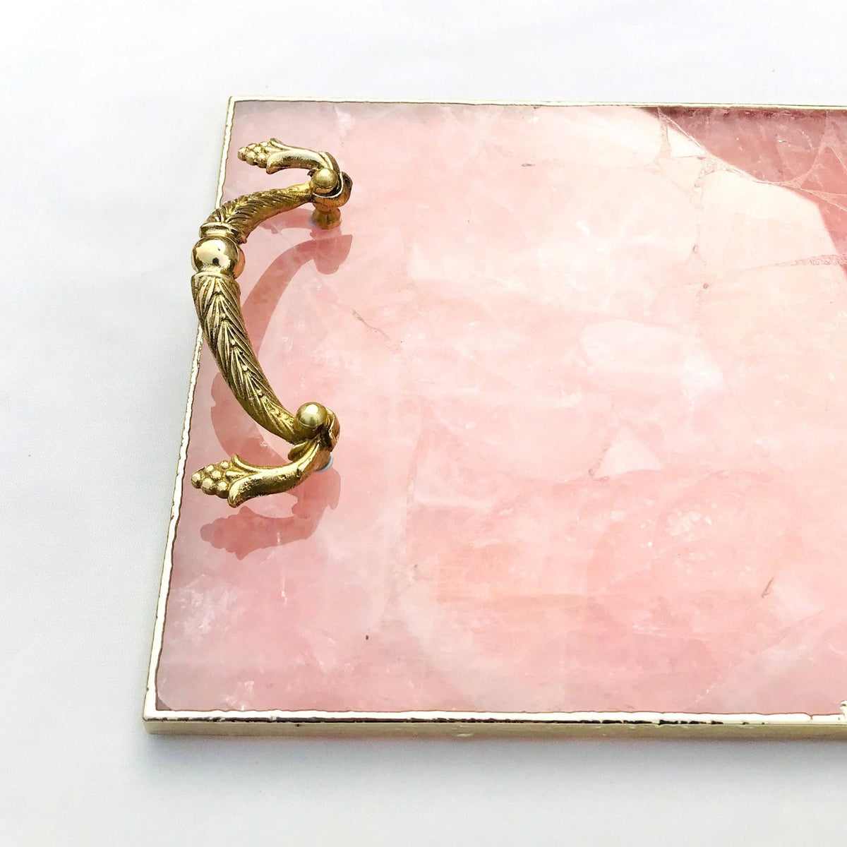 Rose Quartz Serving Tray with Brass Handles