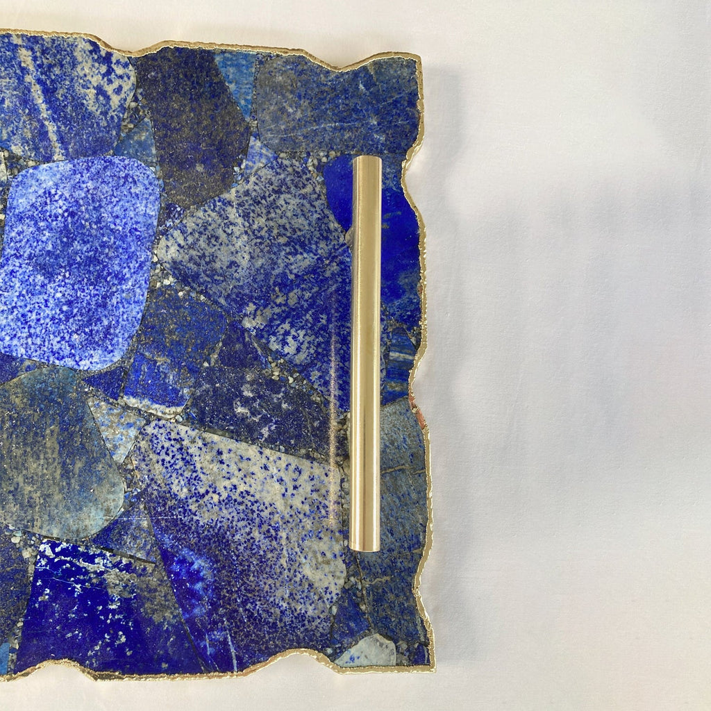 Large Lapis Lazuli Serving Tray With Plain Modern Brass Handles 10"x15"