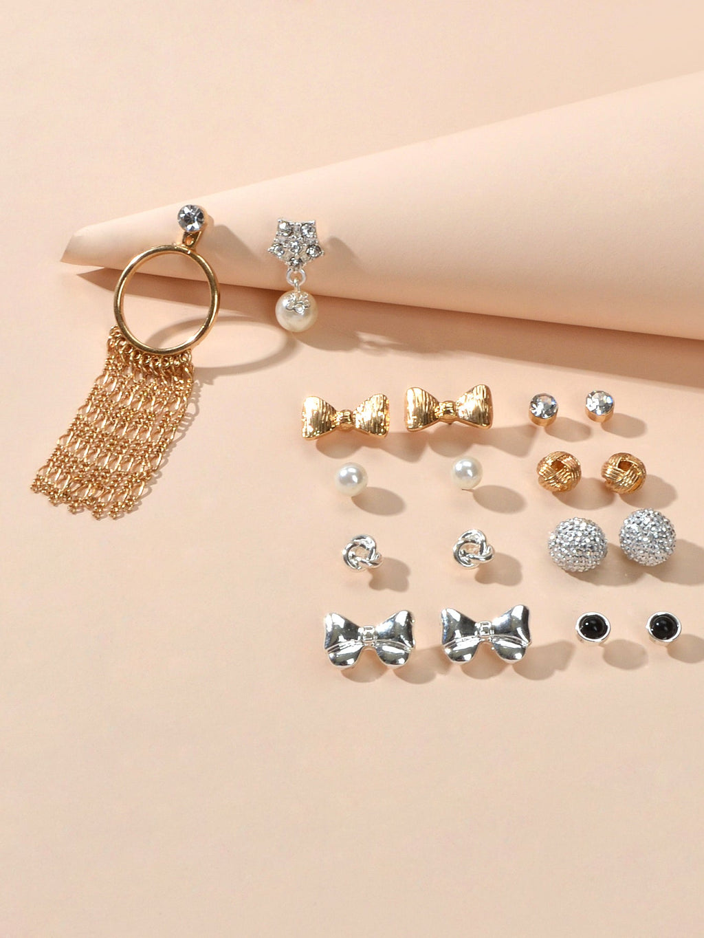 9 pairs Bowknot Rhinestone Pearl Stud Flower Tassel Chain Dangle Earrings Gift