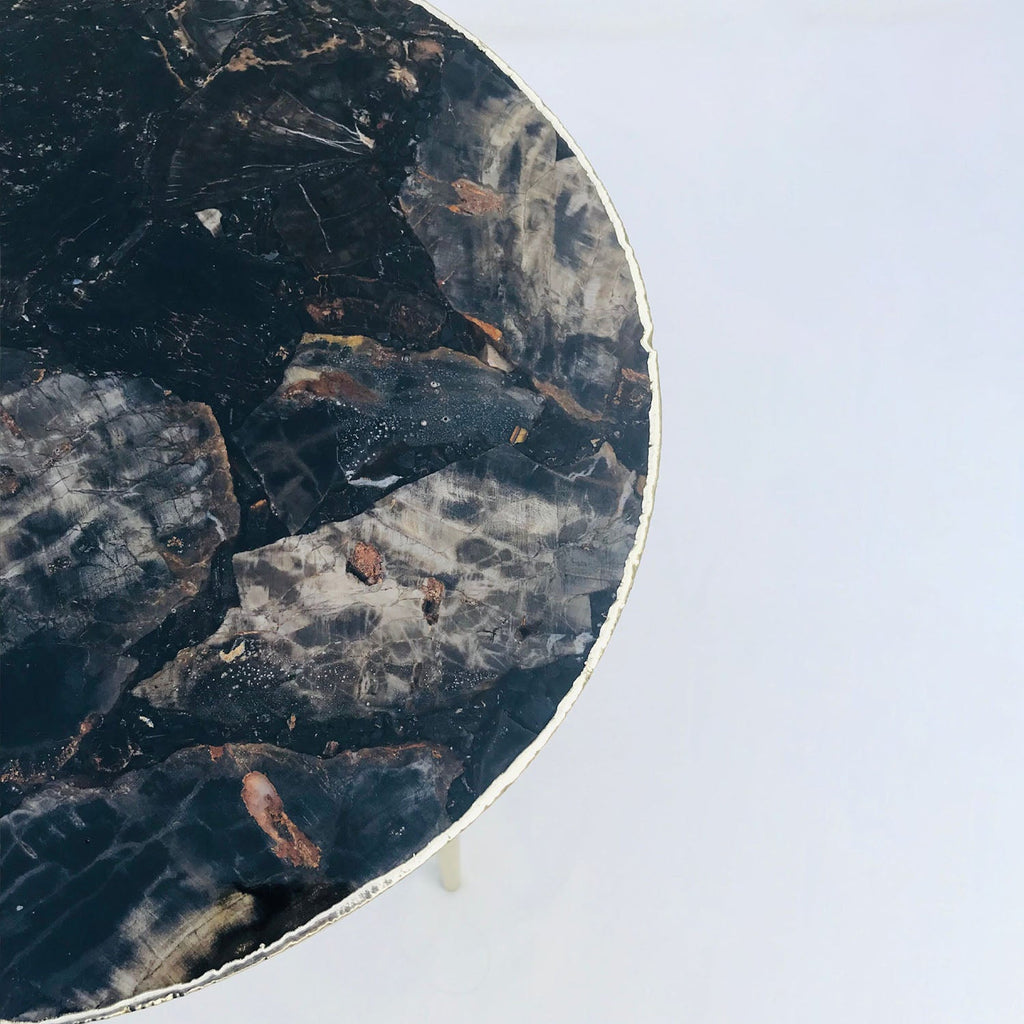 Black Petrified Wood Side Table, Round Top