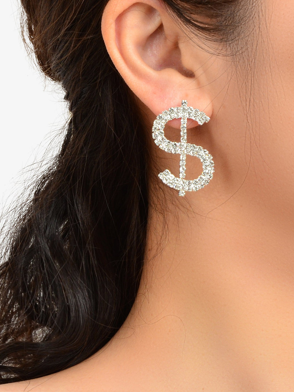 Sparkling Full Rhinestone Decoration Silver Dollar Sign Stud Earrings Lady Gift