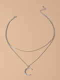 Women Accessories Double layer Chain with Rhinestone Moon Charm Trendy Necklace