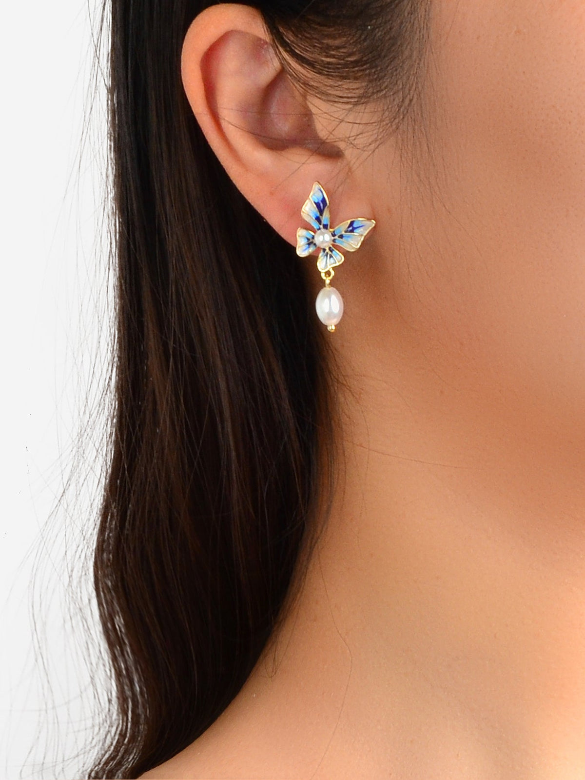 Trendy Dangle Pearl Blue White Enamel Butterfly Hypoallergenic Pierced Earrings