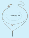 Female Jewellery Rhinestone Double layer Silver Chain Round Bar Pendant Necklace