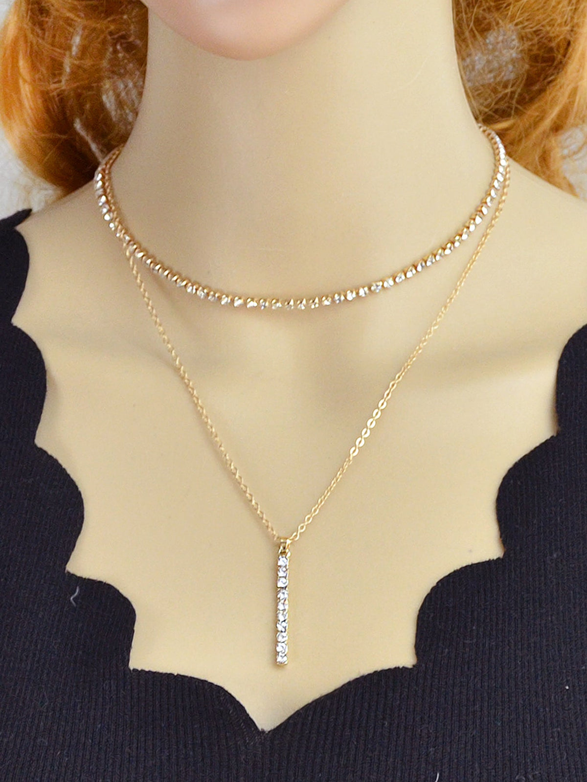 Trendy Shining Full Rhinestone Gold Silver Double layer Chain Bar Charm Necklace