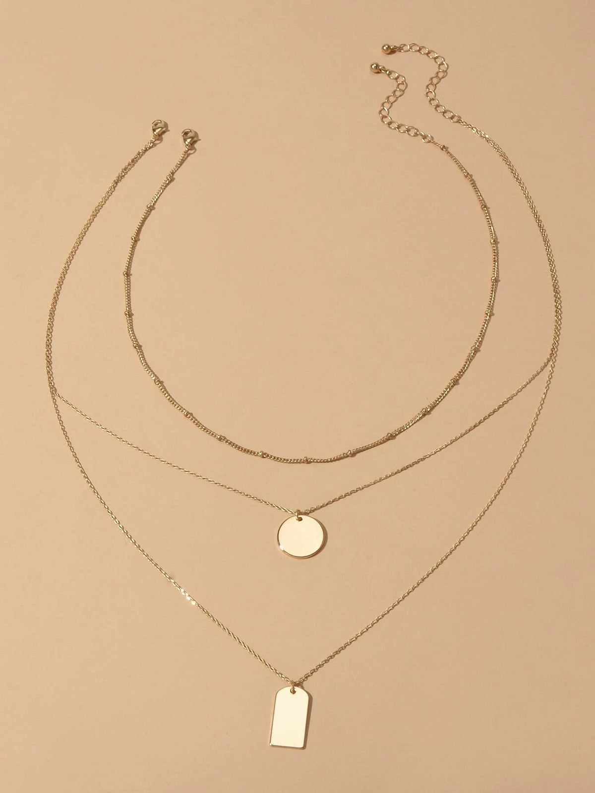 3pcs Multi-layer Gold Tone Chain Round Square Pendant Necklace Girls Teens Gift