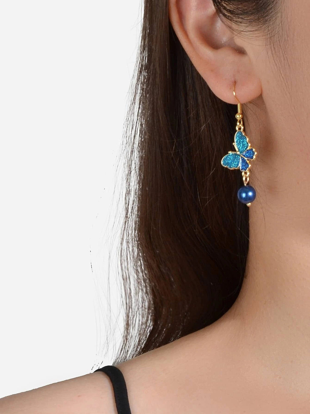 Blue glitter butterfly drop earrings with dark blue pearl bead and gold hooks
