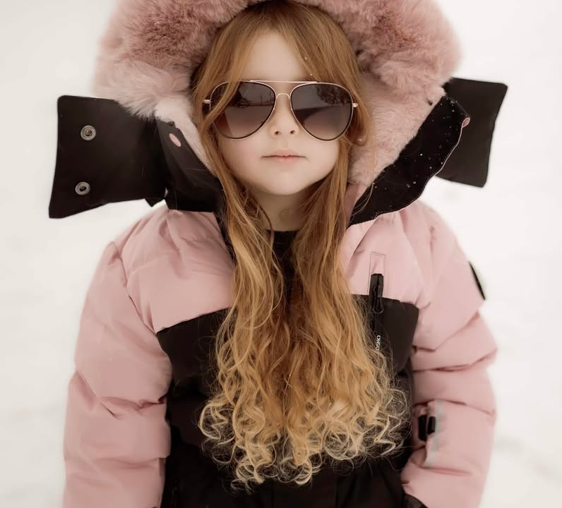 Blush and black kids snowsuit jacket with faux-fur hood and front zipper