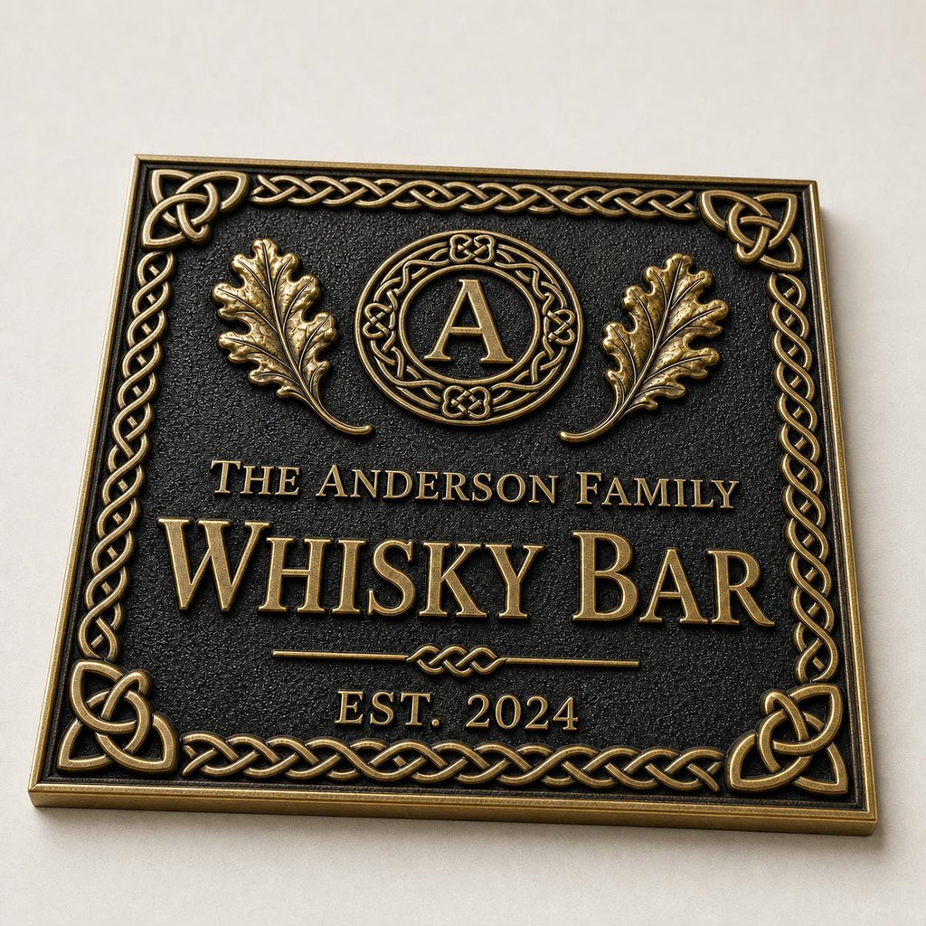 Personalized Home Bar Sign – Antique Brass Celtic Knot, Square