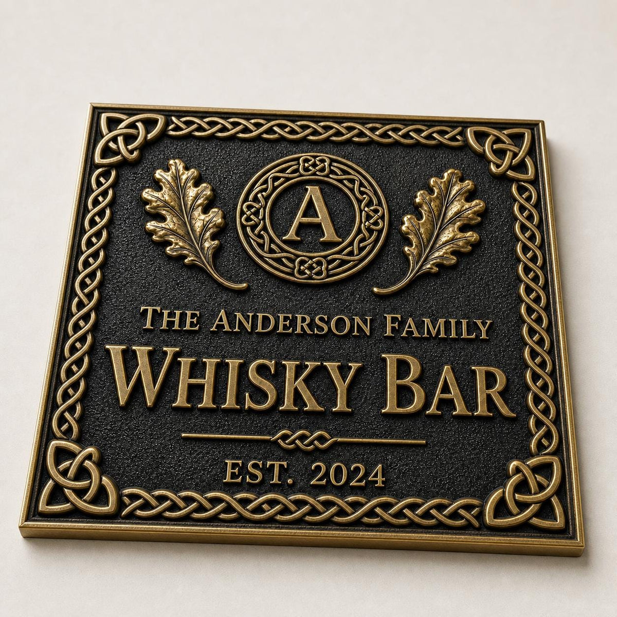 Personalized Home Bar Sign – Antique Brass Celtic Knot, Square