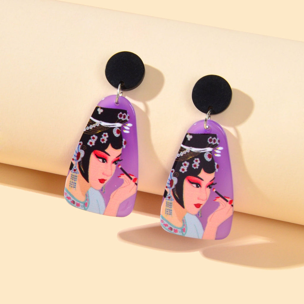 Chinese Style Jewellery Purple Peking Opera Figure Pattern Resin Dangle Earrings