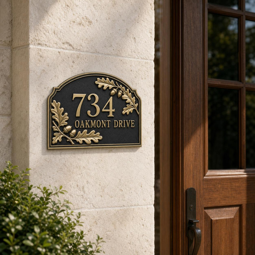 Personalized Address Plaque – Antique Brass Oak Leaf and Acorn