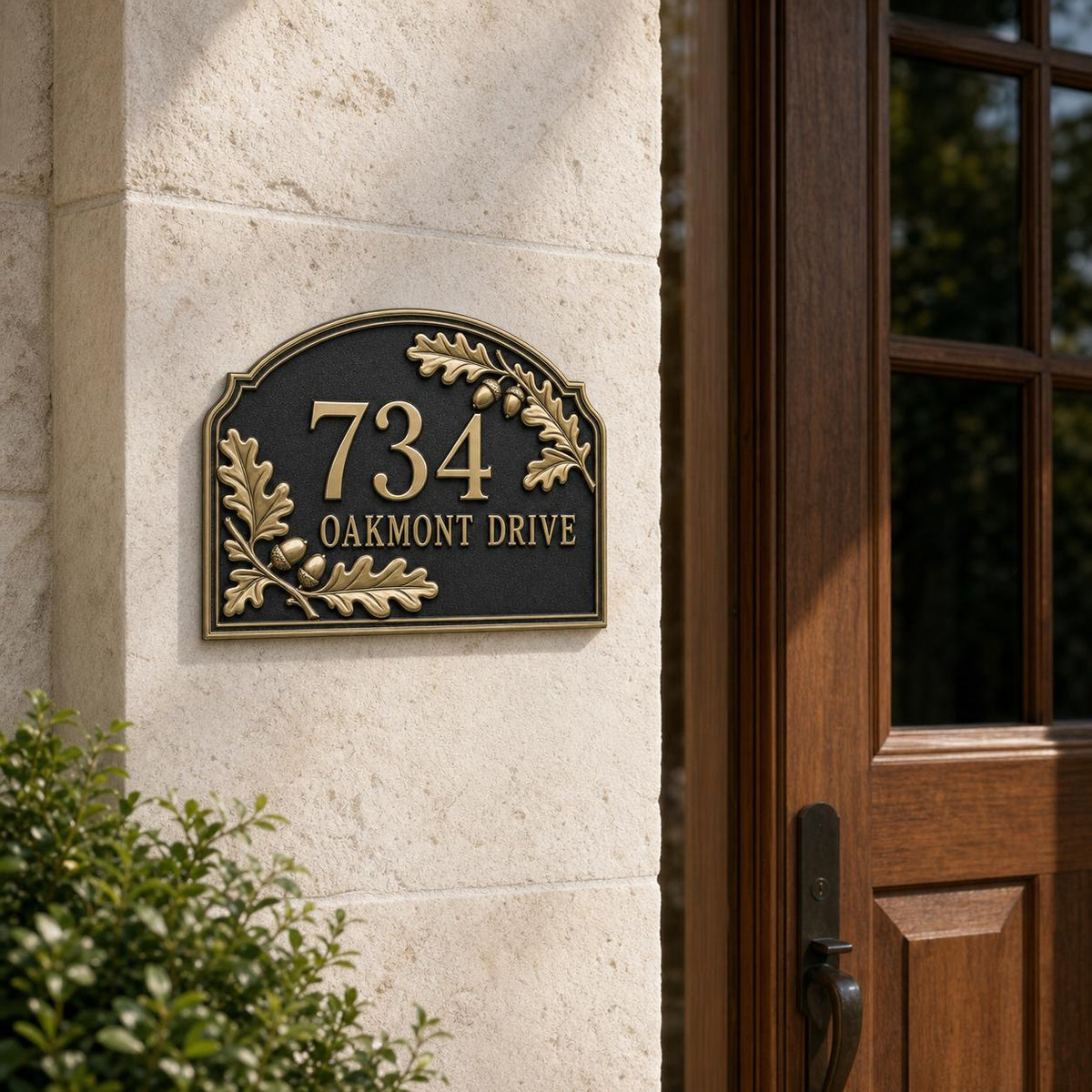 Personalized Address Plaque – Antique Brass Oak Leaf and Acorn