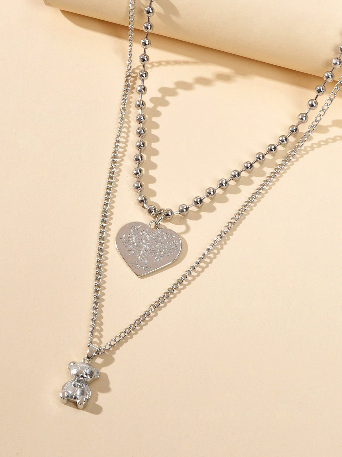 Statement Jewellery Popcorn Double layer Silver Chain Heart Bear Charm Necklace