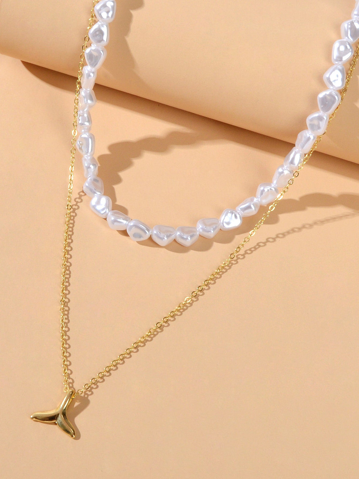 Textured Accessories Double layer Chain Pearl Choker Fish Tail Pendant Necklace