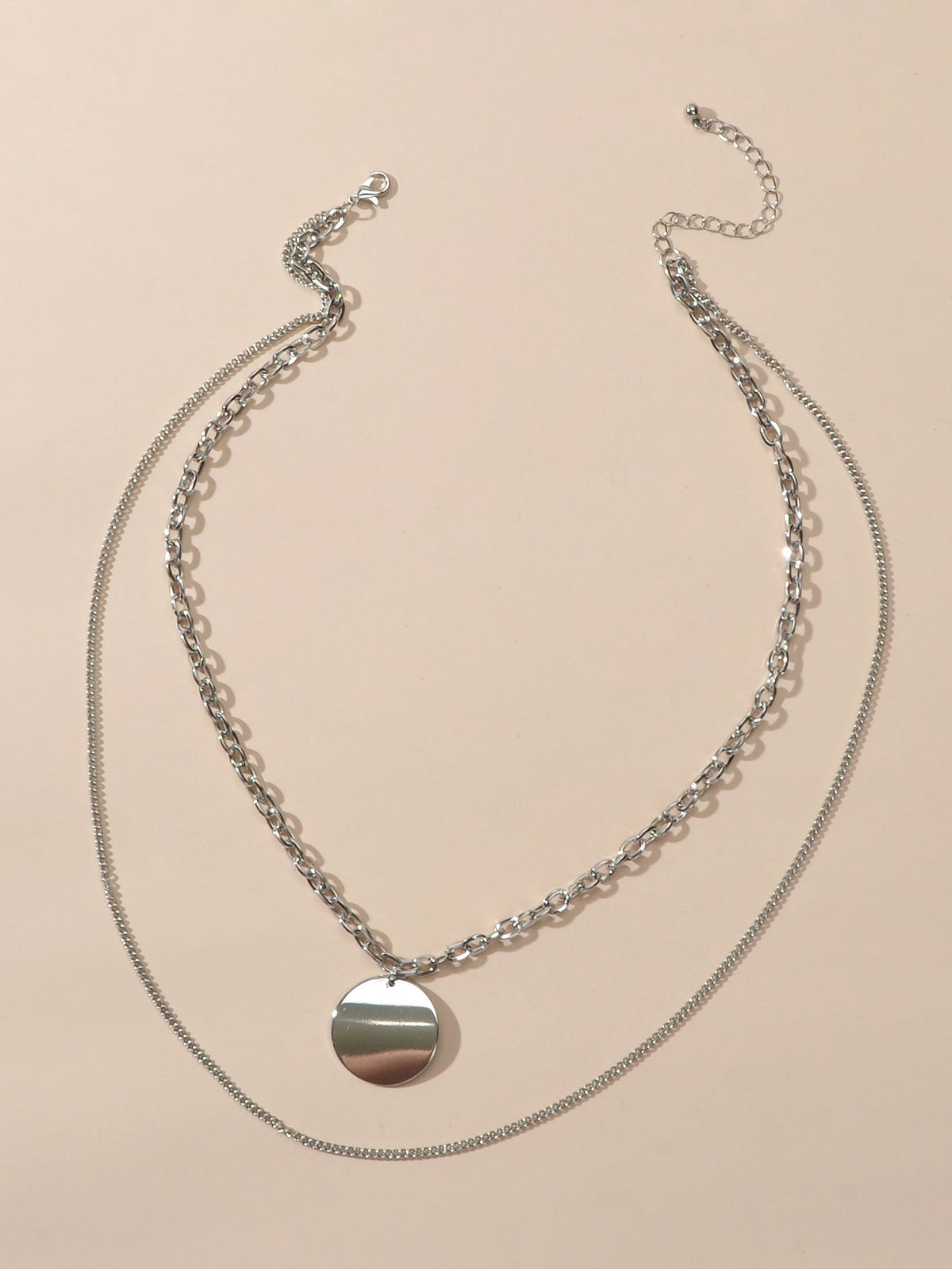 Statement Jewelry Double layer Silver Long Chain Geometric Round Charm Necklace