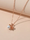 Anniversary Wedding Jewellery Rhinestone Rosegold Chain Pearl Bowknot Necklace