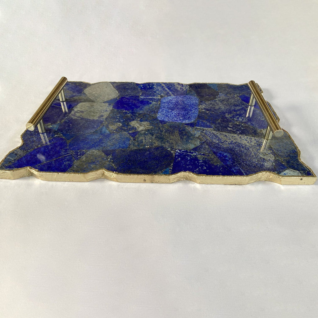 Large Lapis Lazuli Serving Tray With Plain Modern Brass Handles 10"x15"