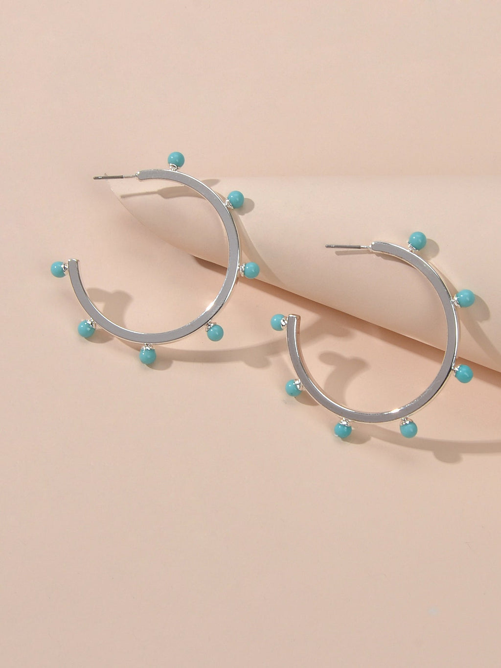 Designer Stylish Blue Hotpink Beads Silver Circle C Hoop Huggie Stud Earrings