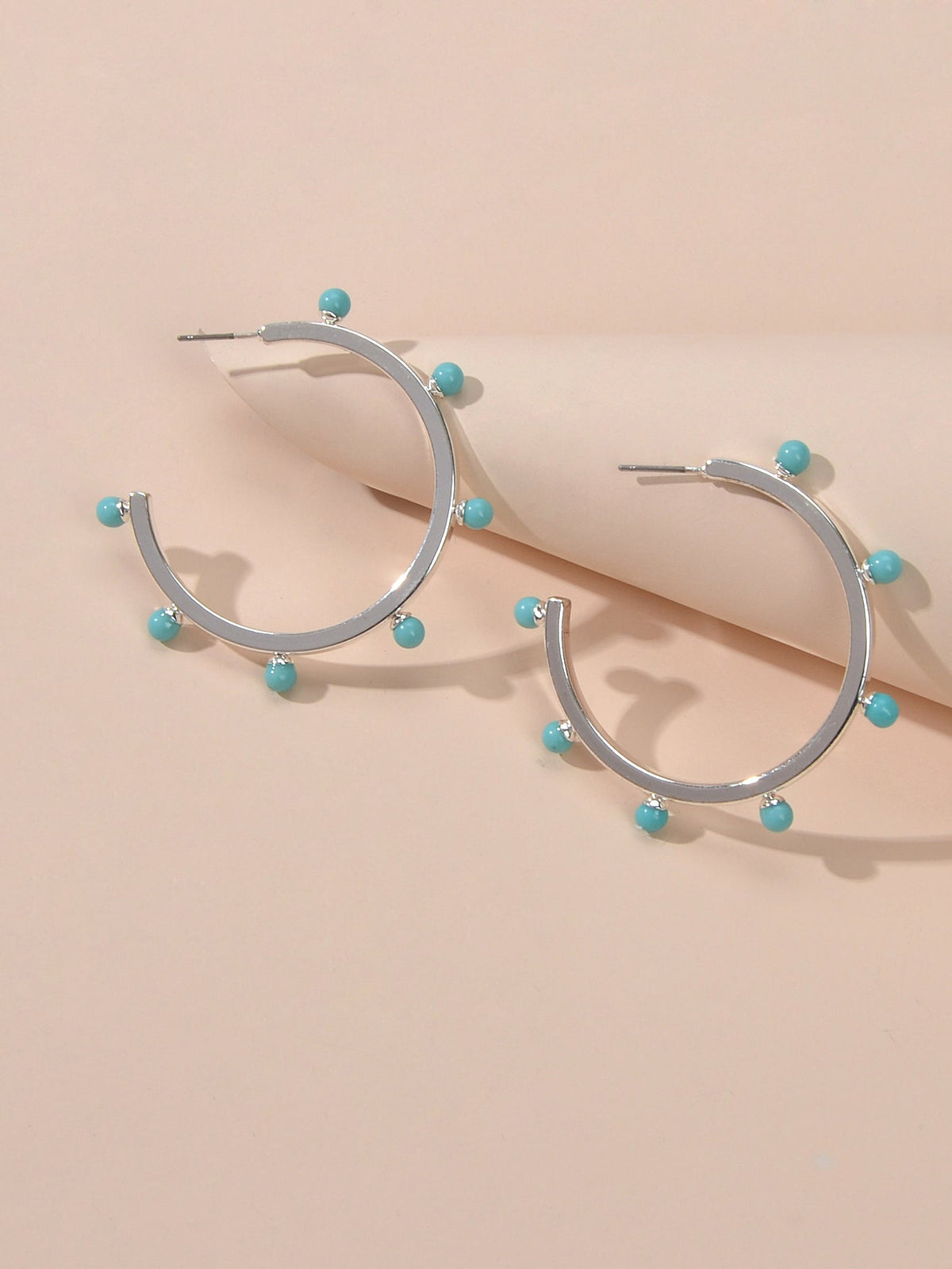 Designer Stylish Blue Hotpink Beads Silver Circle C Hoop Huggie Stud Earrings