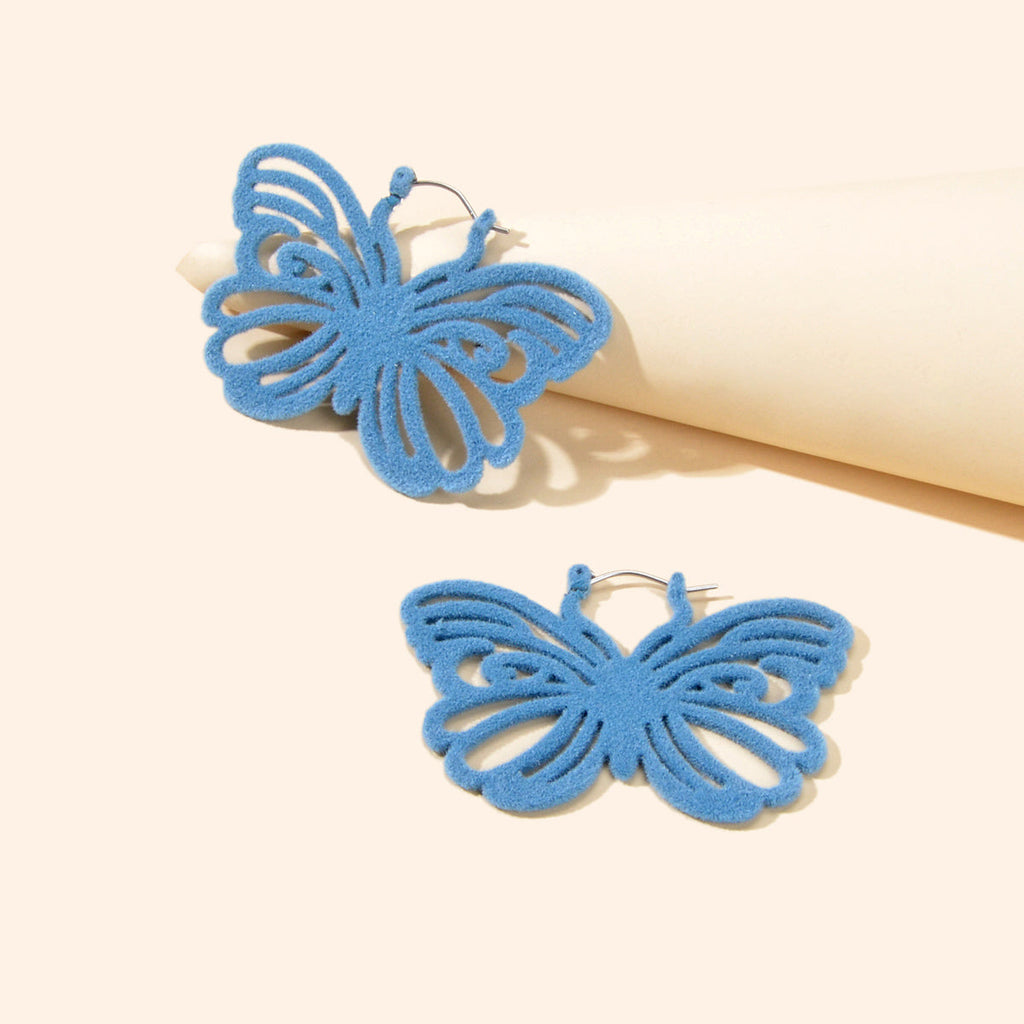 Blue Hollow Flannel Butterfly Hoop Dangle Earrings Women Cute Trendy Jewellery