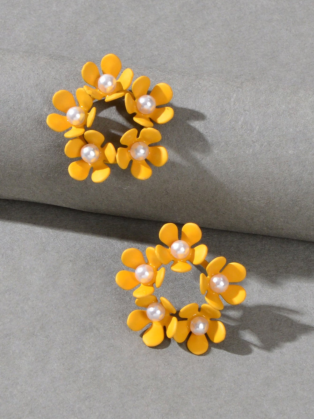 Delicate Pearl Decoration Yellow Flower Stud Hypoallergenic Small Women Earrings