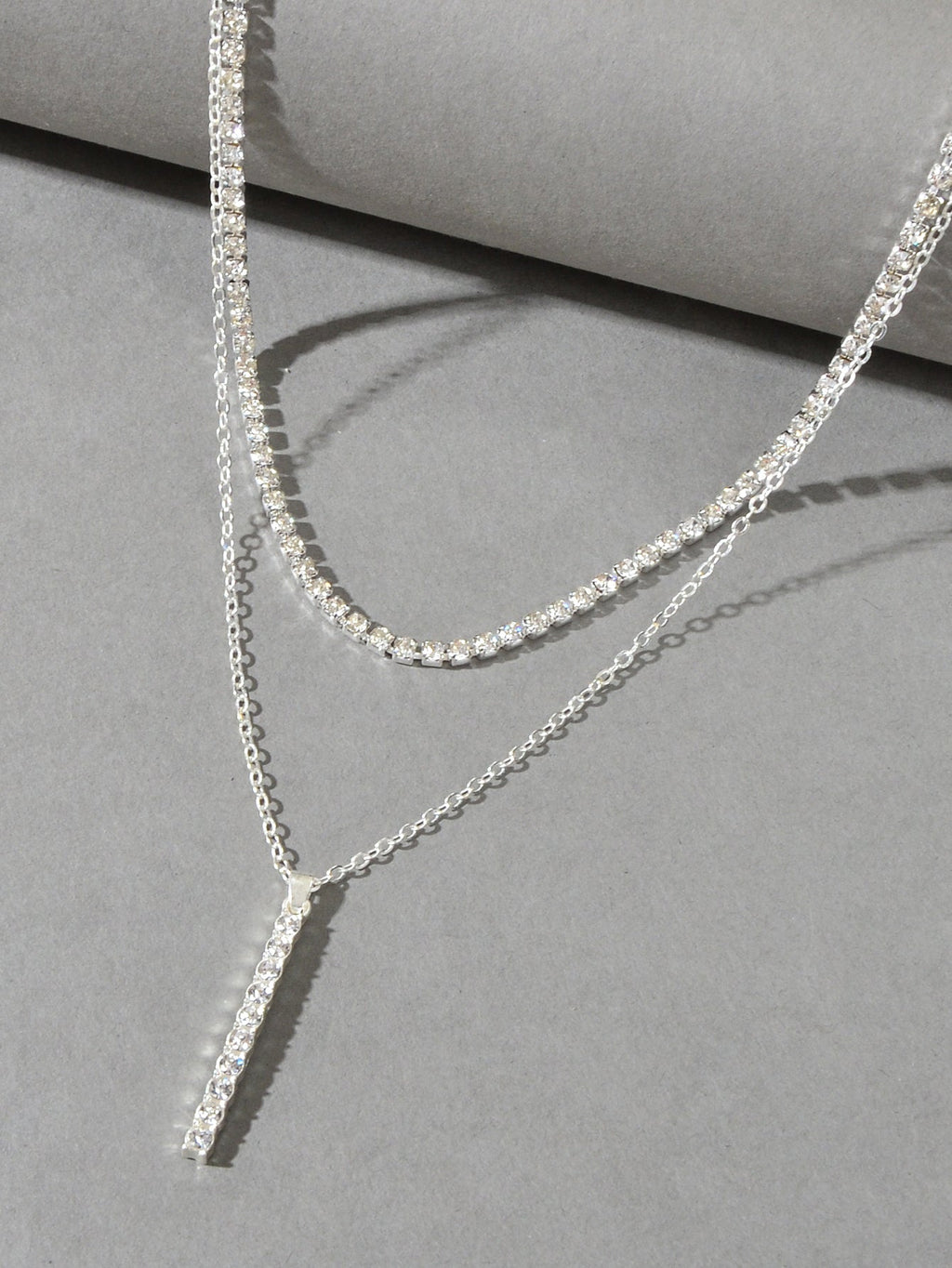 Trendy Shining Full Rhinestone Gold Silver Double layer Chain Bar Charm Necklace