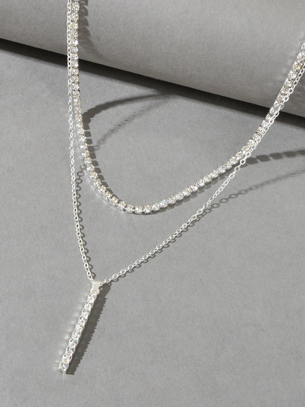 Trendy Shining Full Rhinestone Gold Silver Double layer Chain Bar Charm Necklace